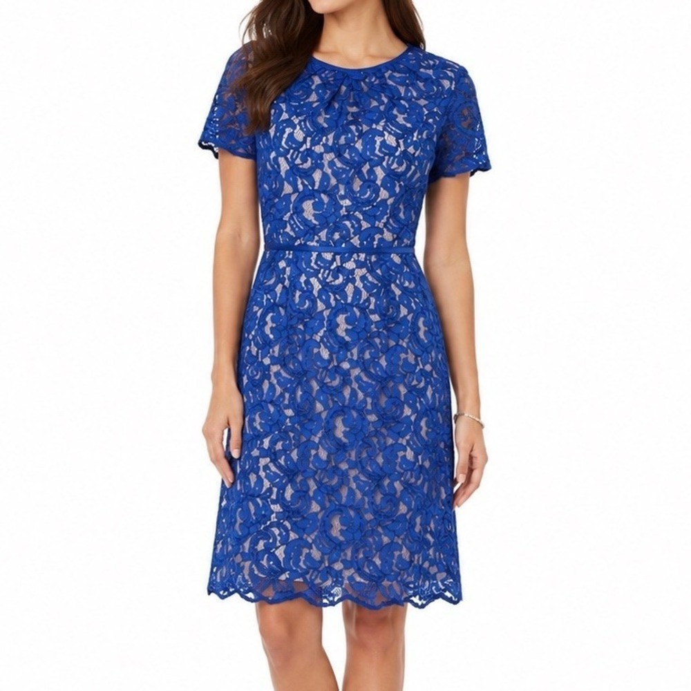 Adrianna Papell Dress 12 Blue Lace Sheath Midi Party Autumn Wedding Guest Event